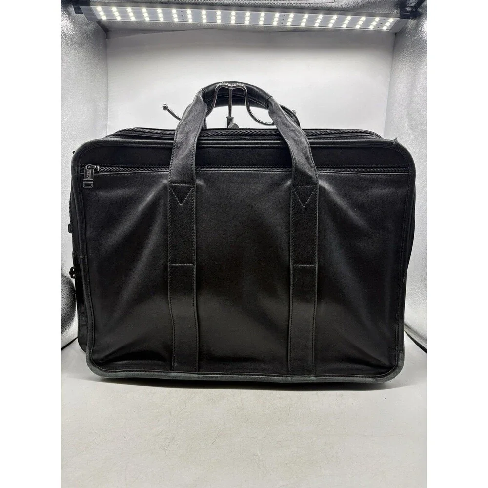 TUMI Alpha Black Leather Briefcase Laptop Messenger Bag 6”x13”x17.5”